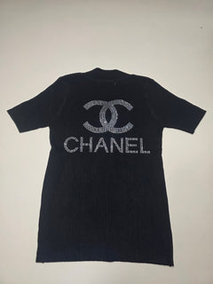 Women's Black Crystal-Embellished Ribbed Knit Top | Half Sleeve | Size S/M | Excellent