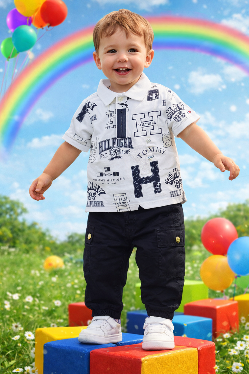Tommy Hilfiger Kids' Vintage 1985 White & Navy Polo Shirt | Size XXS (2-3 Years) | Brand New
