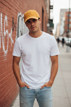 Stylish man wearing mustard yellow Tommy Hilfiger baseball cap in urban setting