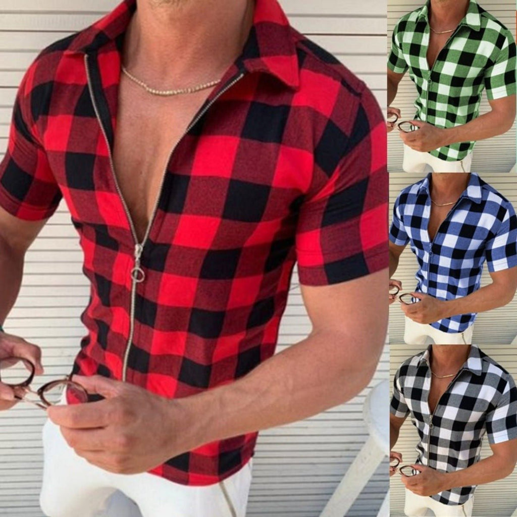 Plaid T Shirt Mens Zipper Short Sleeve Shirts Summer Men Clothing - Style by Luxe and Beyond