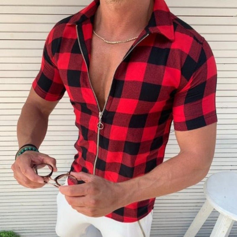 Plaid T Shirt Mens Zipper Short Sleeve Shirts Summer Men Clothing - Style by Luxe and Beyond