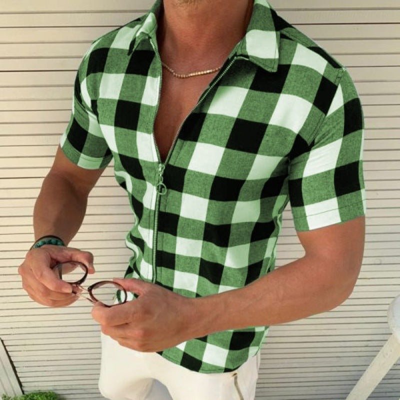Plaid T Shirt Mens Zipper Short Sleeve Shirts Summer Men Clothing - Style by Luxe and Beyond