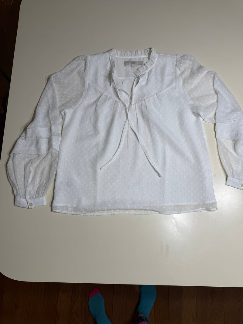 Women's LOFT Swiss Dot Long Sleeve Blouse | Tie-Front Ruffle Collar | Size XS | Like New