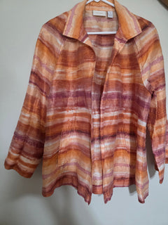 Women's Chico's Linen-Blend Open-Front Blazer | Orange Watercolor Stripe | Size XL | Boho Chic Lightweight Layer